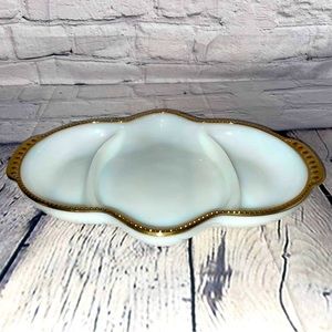 Vintage Fire King Oven Ware Milk Glass Divided Relish Serving Dish hobnail trim